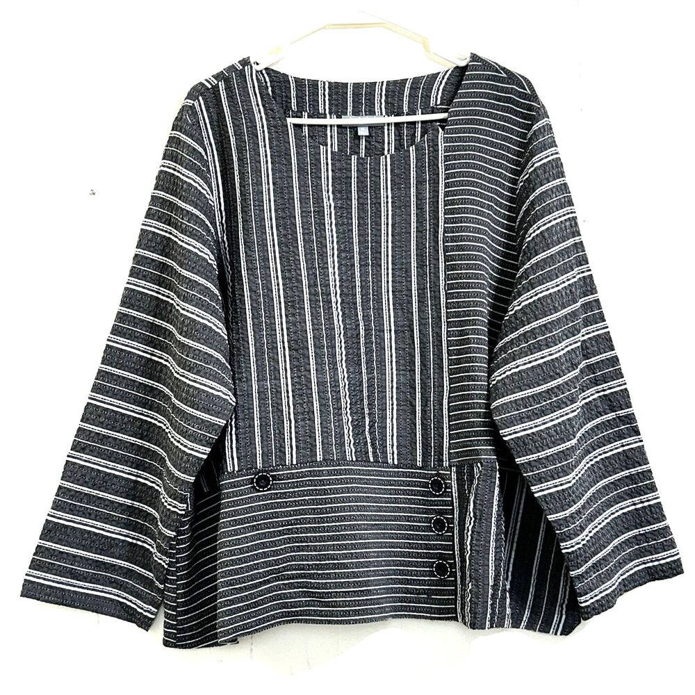 Habitat Women's Top Size XL Black Gray Stripe Long Sleeve Relaxed Fit Blouse Top